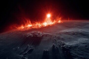 Obraz premium Bright solar flares rise from the sun, casting a warm glow over the Earth and creating a stunning view of cosmic phenomena