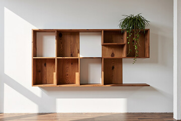 Modern and artistic asymmetrical wall-mounted shelving unit crafted from natural wood, featuring multiple open box compartments for a minimalist and functional display, decorated with a green plant