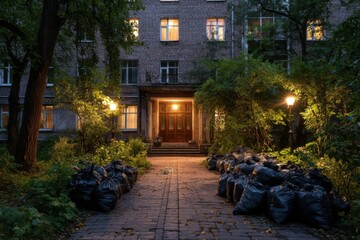 Obraz premium Garbage bags are lined along a cobblestone path leading to a historic apartment entrance illuminated by warm lights at dusk