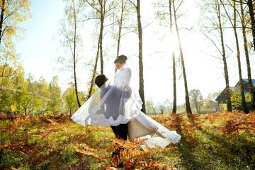A couple is posing in a field of grass with the sun shining down on them