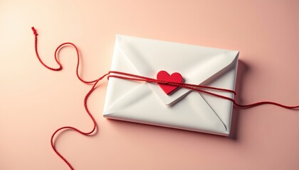 Sealed White Envelope with Red Heart and Twine on Soft Surface