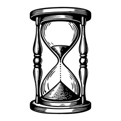 Hand-drawn hourglass illustration. Detailed timepiece with wooden frame and flowing sand. Vintage hourglass design perfect for time management concept.
