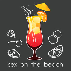 Cocktail "Sex on the beach", summer tropical alcoholic drink. Refreshing cocktail with orange slice. Vector illustration on a dark background.