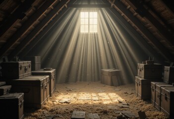 Sunlight streaming through dusty attic window onto old wooden storage chests.