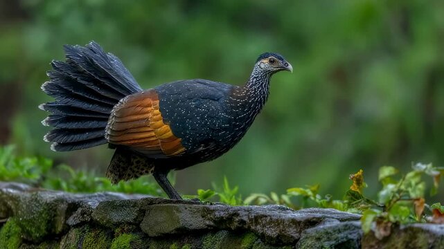 Stunning Crestless Fireback (Lophura erythrophthalma) Perched on Mossy Stone Wall in Lush Green