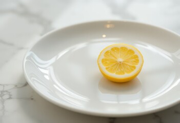 Half lemon on white ceramic plate placed on marble surface in natural light.