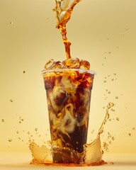 Close-up of caramel iced latte in a transparent cup showcasing swirling coffee texture blending with creamy milk, condensation droplets on the glass surface, commercial product photography