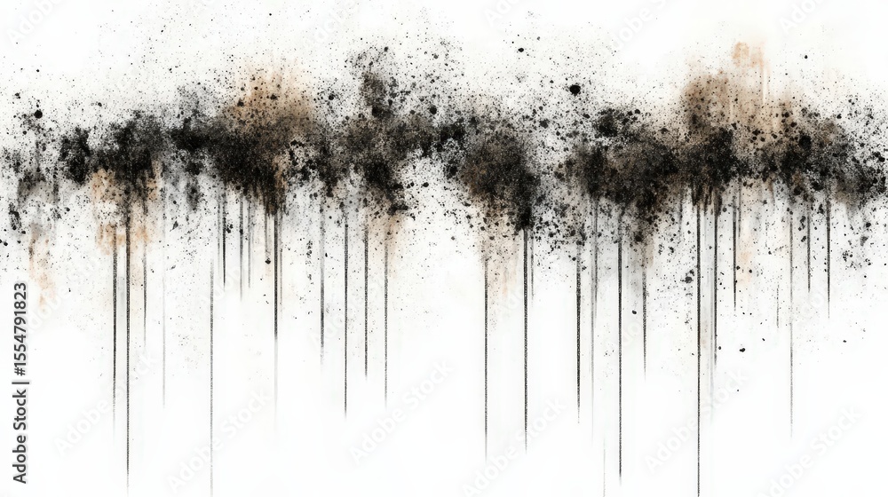 Poster abstract black and brown splattered paint with vertical drips on a white background, creating a dyna