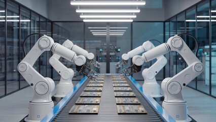 Modern industrial automation with robotic arms assembling electronics in a glass-walled, fluorescent-lit factory workspace