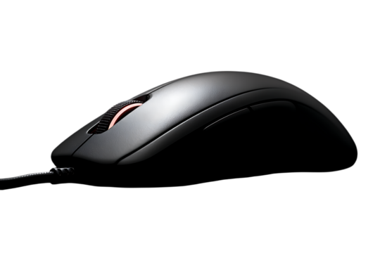 Wired mouse basic ergonomic shape tech accessory close-up shadowed from single light isolated on transparent background 