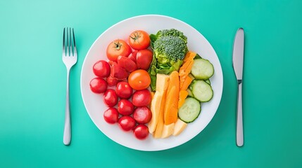 A colorful plate of fresh vegetables including cherry tomatoes, broccoli, carrots, cucumber, and cheese sticks, arranged neatly with a fork and knife on a teal surface.