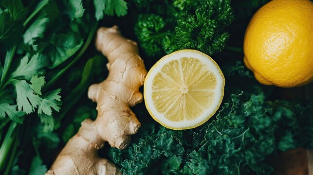 Fresh ginger root, lemon, and leafy greens arranged closely, showcasing vibrant natural colors and healthy ingredients.