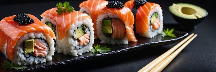Delicious uramaki sushi rolls covered with salmon and black caviar, garnished with lime and pickled ginger