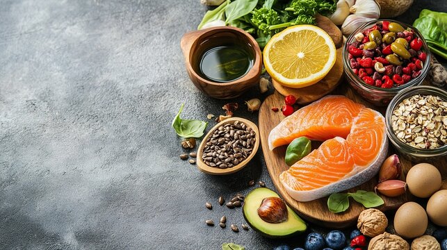 Fresh and healthy ingredients including salmon, avocado, berries, nuts, seeds, olive oil, and citrus for a nutritious meal preparation.