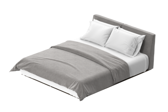 A tidy and inviting bed with soft pillows and a cozy blanket. The clean, minimalist design makes it a perfect fit for modern interiors