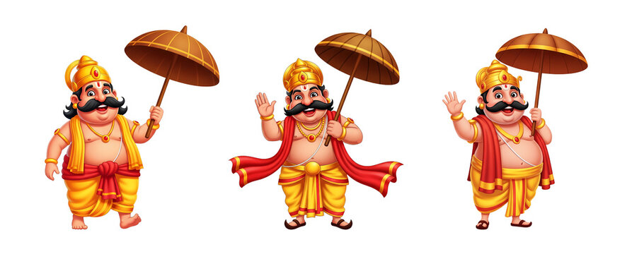 Set of cartoon king mahabali holding umbrella and waving- onam festival illustration, isolated on transparent background 
