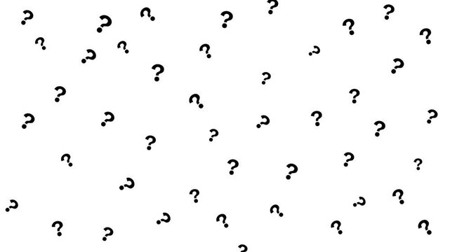 Black question mark symbol pattern animation on a white background. The marks gently rotate and subtly scale in and out randomly at intervals. Representing curiosity, inquiry, and quiz