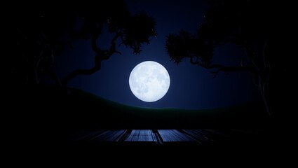 Naklejka premium A serene moonlit night scene featuring a bright full moon illuminating a dark landscape with silhouetted trees and a wooden platform below.