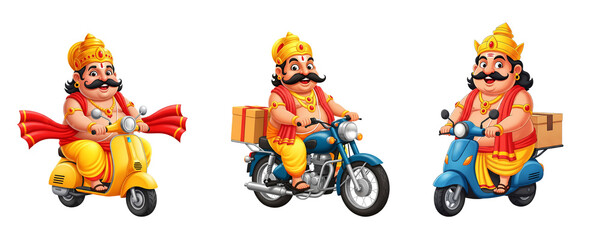 Cartoon king mahabali riding scooter and bike with delivery boxes- onam festival concept 