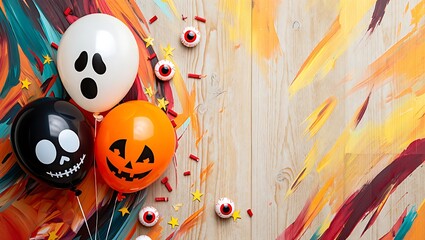 Festive Halloween setup displays balloons with scary faces and scattered spooky eyes on a colorful wooden surface, creating a fun, celebratory atmosphere.