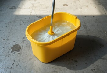 Yellow mop bucket filled with soapy water on concrete floor in sunlight.