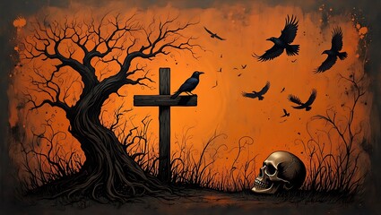 A spooky Halloween scene unfolds with a dark twisted tree, wooden cross, crows in flight, and a skull against an orange sky backdrop.