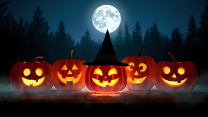 Spooky Halloween scene featuring glowing jack o lanterns with smiling faces under a bright moon with a witch hat, perfect for seasonal celebrations.