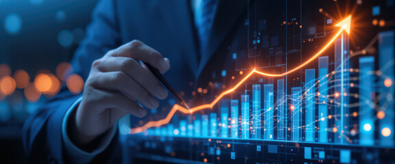 Businessman analyzing financial growth chart with rising arrow line on screen.