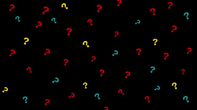 Colorful question mark symbols on a black background. The marks gently rotate and subtly scale in and out at random intervals, representing curiosity, mystery and dynamic thought.