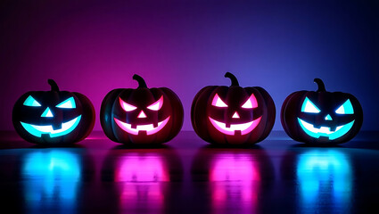 A spooky collection of illuminated Halloween pumpkins glow in shades of radiant blue and vibrant pink, perfect for autumnal, festive decorations.