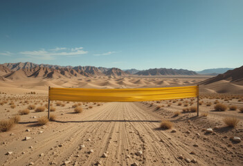 Caution tape blocking sandy desert road with distant mountains under blue sky.