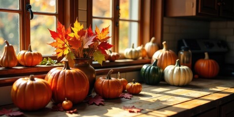 Autumnal Still Life Featuring Pumpkins and Colorful Leaves on a Sunlit Windowsill