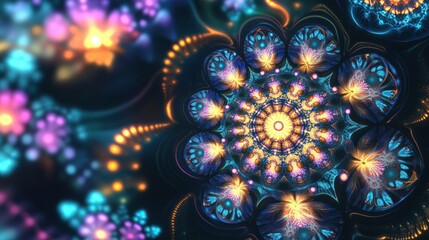 Ornate fractal flower with glowing patterns, blue, purple, and orange, on dark background
