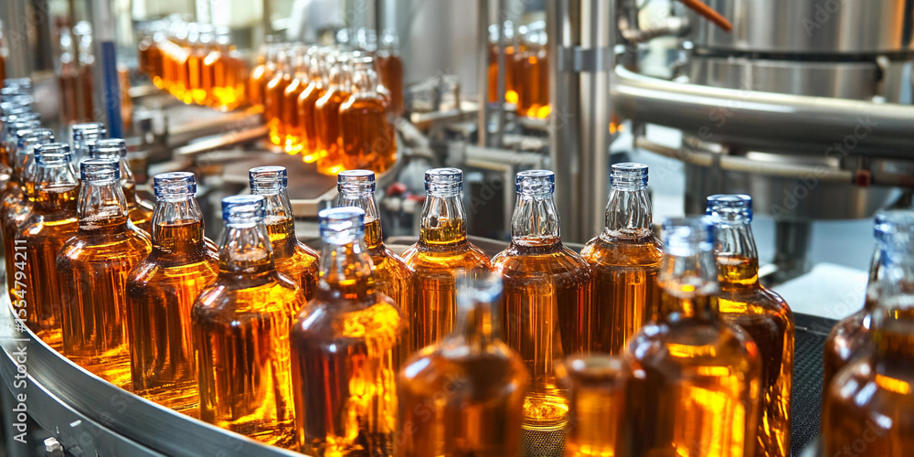 Poster Bottling process in a modern facility on a busy day Generative AI