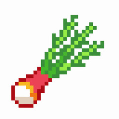 Fototapeta premium Pixel art radish with green leaves retro vegetable icon, digital food illustration, isolated on white background