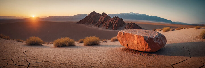 Sun setting behind mountains in desert landscape with large rock