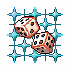 Obraz premium Pixel art dice with sparkling stars on grid background retro gaming, luck, chance, gamble, vintage digital illustration