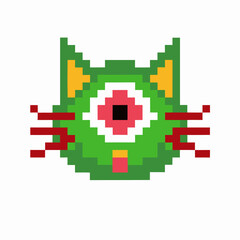 Obraz premium Pixel art green cat face with single large red eye minimalist geometric design, digital retro animal illustration