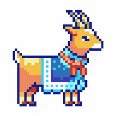 Fototapeta premium Pixel art goat wearing colorful patterned blanket and scarf retro video game animal design, vibrant digital illustration