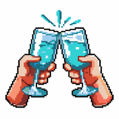 Obraz premium Pixel art hands clinking glasses in celebration, blue liquid splashing retro toast, festive cheers, party handshake gesture