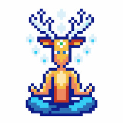 Fototapeta premium Pixel art meditating deer with glowing antlers in lotus pose relaxed animal, calm yoga, mindfulness, meditation concept