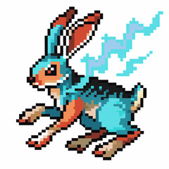 Pixel art blue jackrabbit with lightning energy retro digital animal, electric wild hare, fantasy game illustration