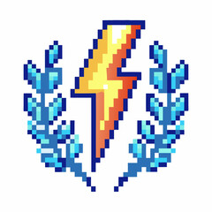 Fototapeta premium Pixel art electric thunderbolt with laurel wreath energy, achievement, retro game icon, pixelated lightning, victory symbol