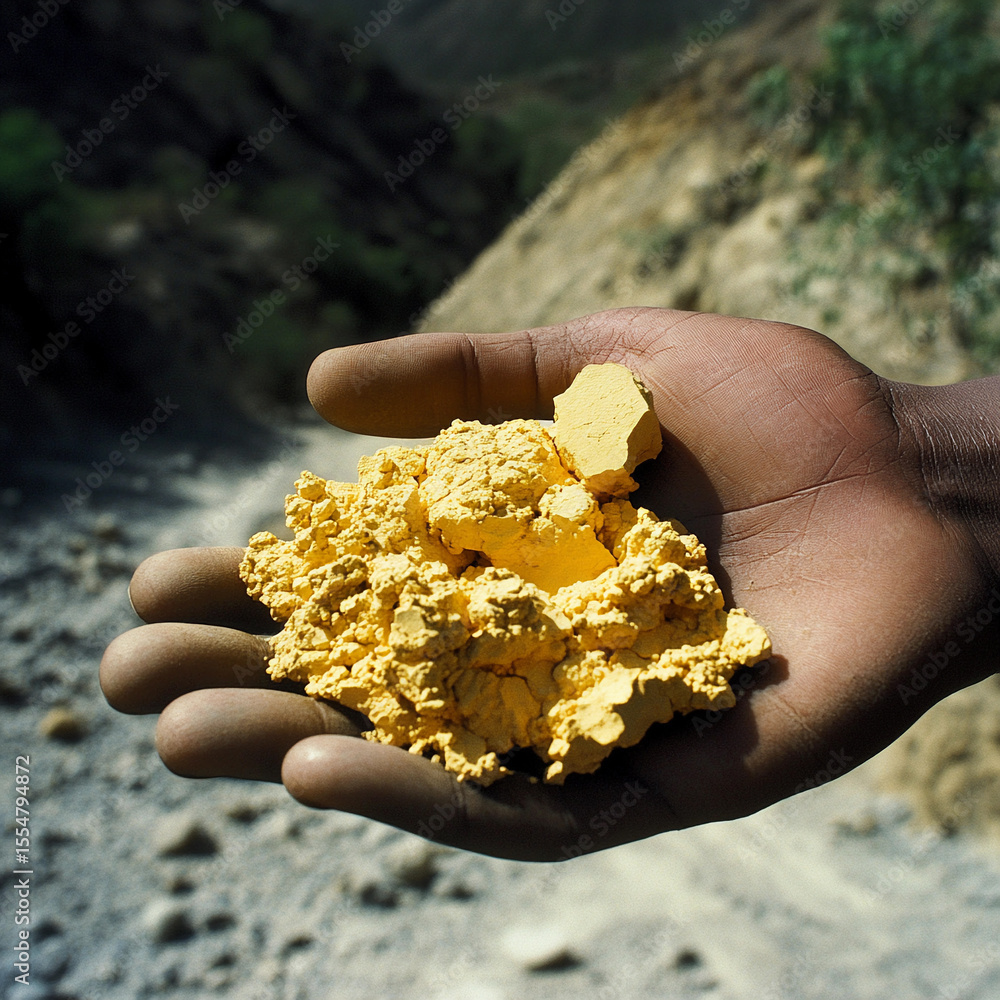 Poster hand holds yellow uranium mineral in a natural setting generative ai