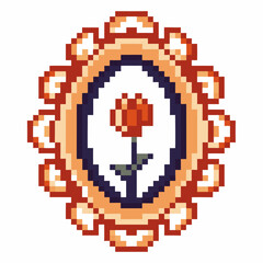 Obraz premium Pixel art floral frame with single red rose, vintage decorative oval border, retro digital flower icon