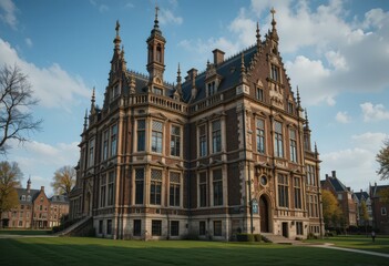 Ornate historic building with Gothic Revival architecture under a blue sky.