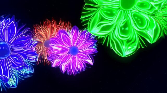 psychedelic flowers in cosmic space, vibrant neon colors, bioluminescent, hyper detailed, octane render animation