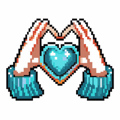 Obraz premium Pixelated hands forming heart shape gesture with turquoise heart, retro digital art style, love and friendship symbol