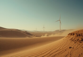 Wind turbines spinning in vast desert sand dunes under clear blue sky at sunset.