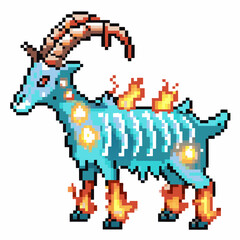 Obraz premium Pixel art fiery skeleton goat monster with blue glowing bones, flames, fantasy creature design, isolated on white